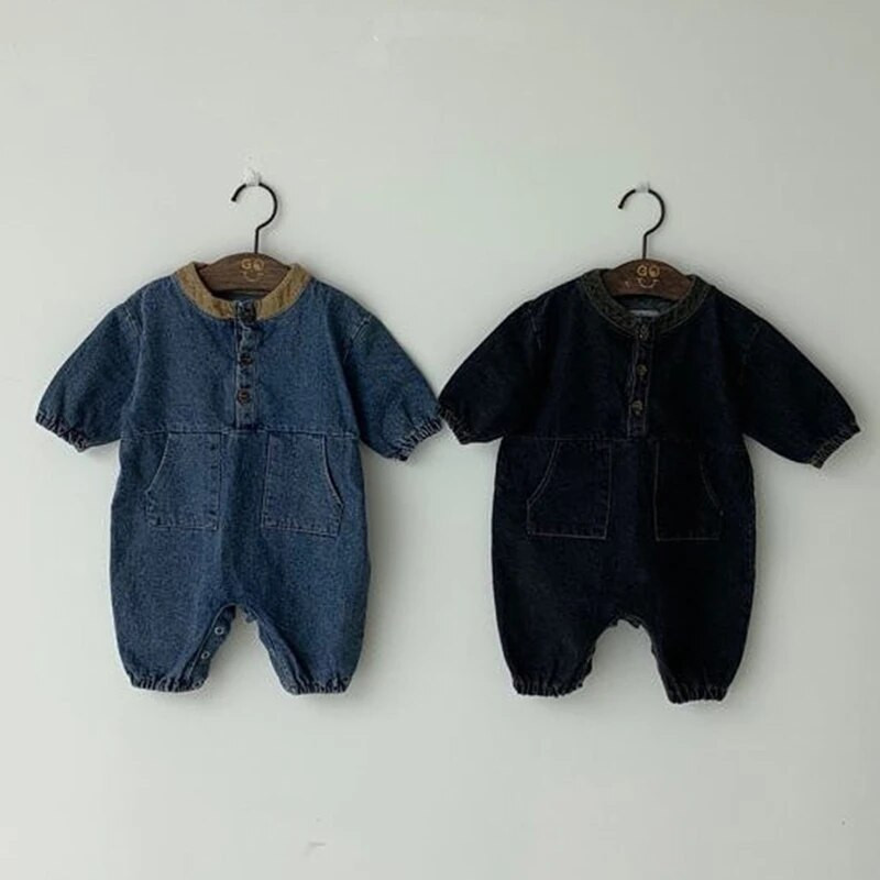 Tipegő kisfiú farmer body őszi szolid vintage hosszú ujjú jumpsuit újszülötteknek pamut alkalmi gyerek ruhák lány jelmezek