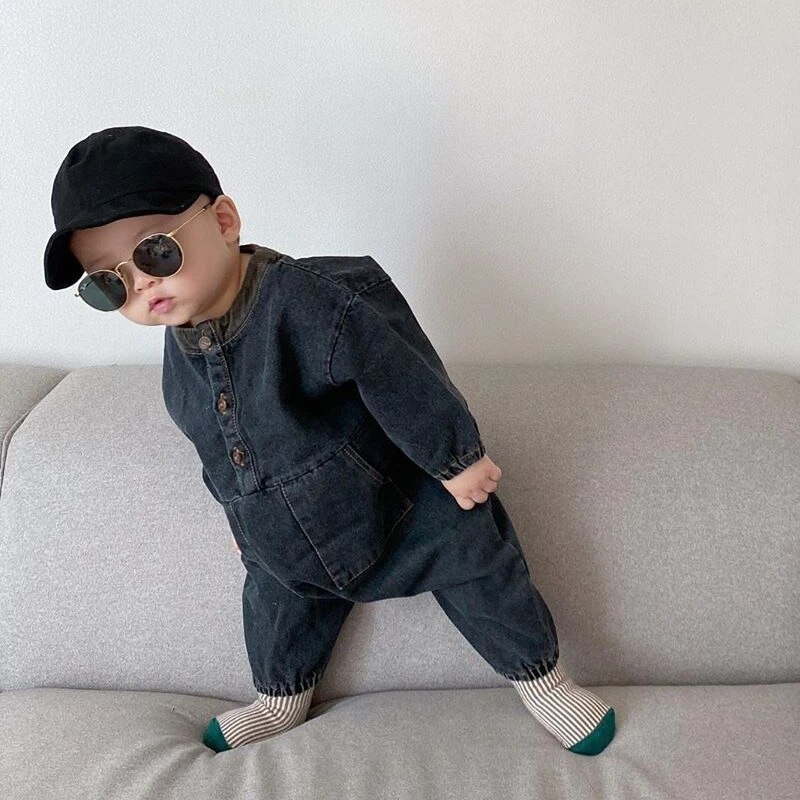 Tipegő kisfiú farmer body őszi szolid vintage hosszú ujjú jumpsuit újszülötteknek pamut alkalmi gyerek ruhák lány jelmezek