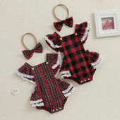Módne novorodenecké dievčenské vianočné červené overaly, oblečenie pre batoľatá, kockované čipkované volániky, overaly s otvoreným chrbtom, čelenka, novoročné outfity