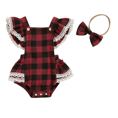 Módne novorodenecké dievčenské vianočné červené overaly, oblečenie pre batoľatá, kockované čipkované volániky, overaly s otvoreným chrbtom, čelenka, novoročné outfity