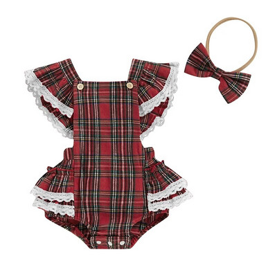 Módne novorodenecké dievčenské vianočné červené overaly, oblečenie pre batoľatá, kockované čipkované volániky, overaly s otvoreným chrbtom, čelenka, novoročné outfity