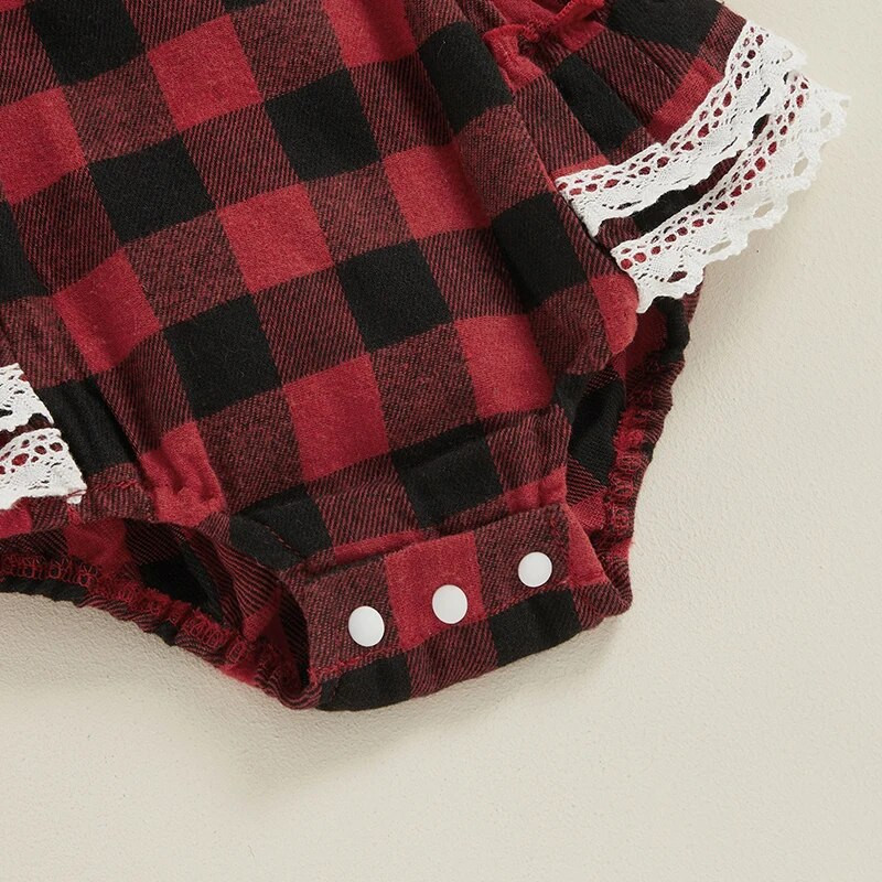 Módne novorodenecké dievčenské vianočné červené overaly, oblečenie pre batoľatá, kockované čipkované volániky, overaly s otvoreným chrbtom, čelenka, novoročné outfity