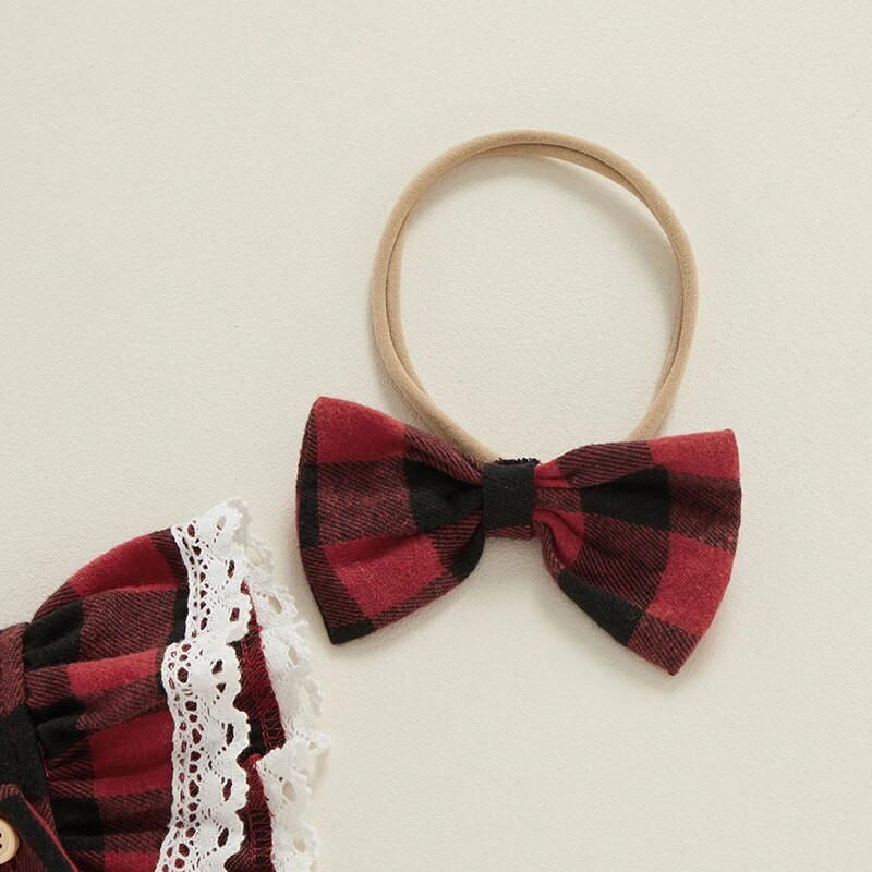 Módne novorodenecké dievčenské vianočné červené overaly, oblečenie pre batoľatá, kockované čipkované volániky, overaly s otvoreným chrbtom, čelenka, novoročné outfity