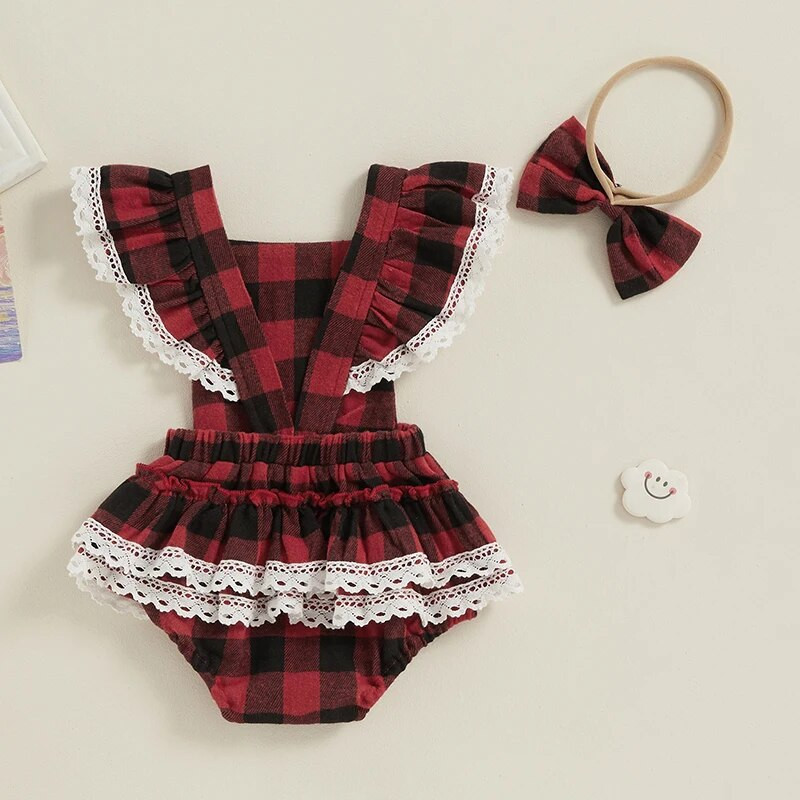 Módne novorodenecké dievčenské vianočné červené overaly, oblečenie pre batoľatá, kockované čipkované volániky, overaly s otvoreným chrbtom, čelenka, novoročné outfity