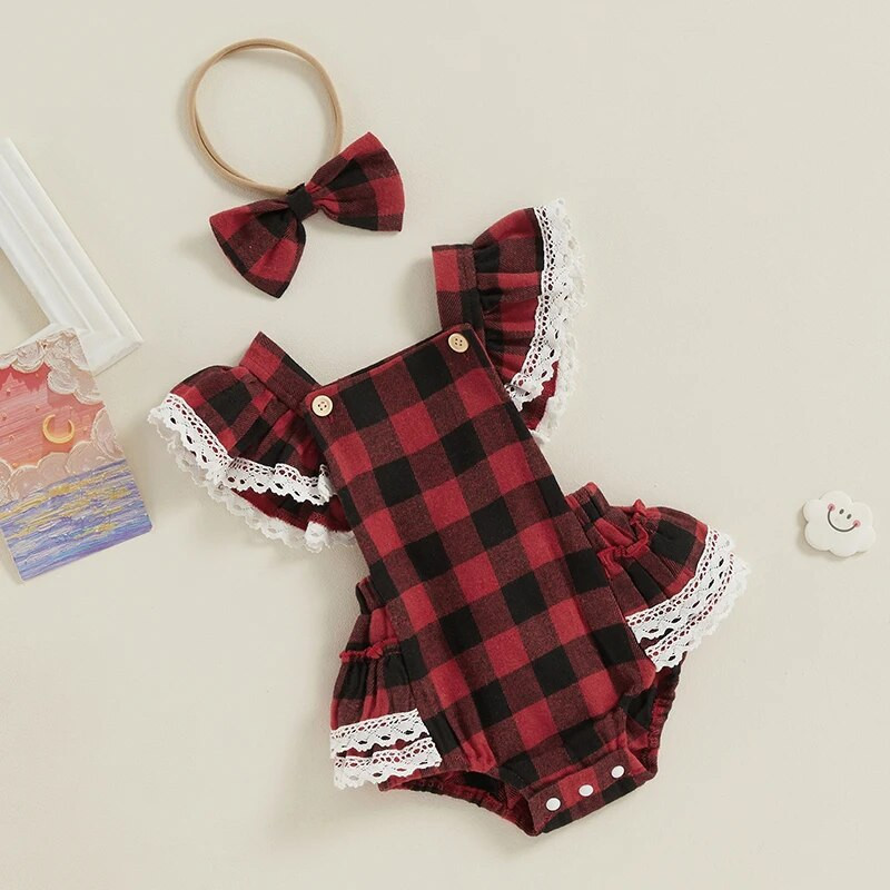 Módne novorodenecké dievčenské vianočné červené overaly, oblečenie pre batoľatá, kockované čipkované volániky, overaly s otvoreným chrbtom, čelenka, novoročné outfity