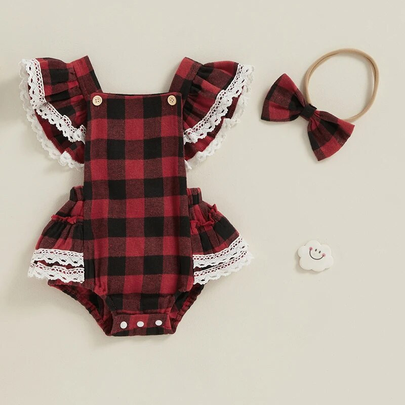 Módne novorodenecké dievčenské vianočné červené overaly, oblečenie pre batoľatá, kockované čipkované volániky, overaly s otvoreným chrbtom, čelenka, novoročné outfity