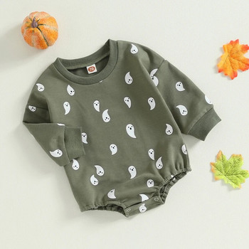 2023 Есенни дрехи за новородени момичета за Хелоуин, зелени дрехи с дълъг ръкав и призрачен принт, ежедневни гащеризони с кръгло деколте, гащеризони, костюми за игра