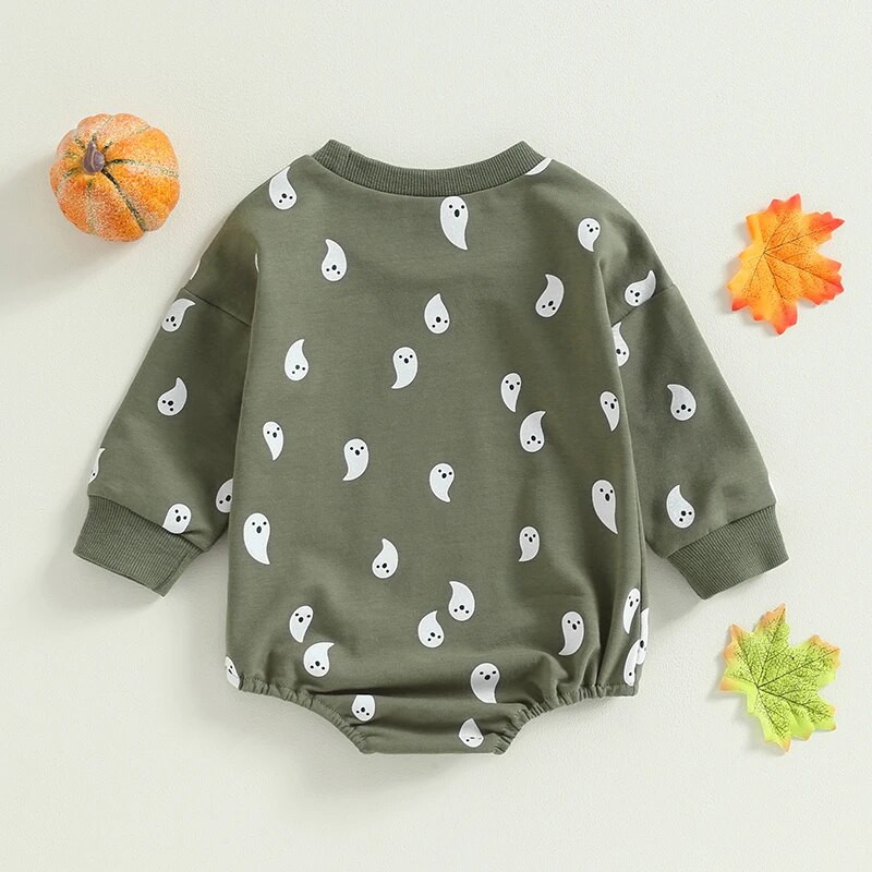 2023 m. rudens naujagimių mergaičių Helovino drabužiai Žali ilgomis rankovėmis Ghost Print Kasdieniai Crew Neck Šliaužtinukai Kombinezonai Žaidimų kostiumai