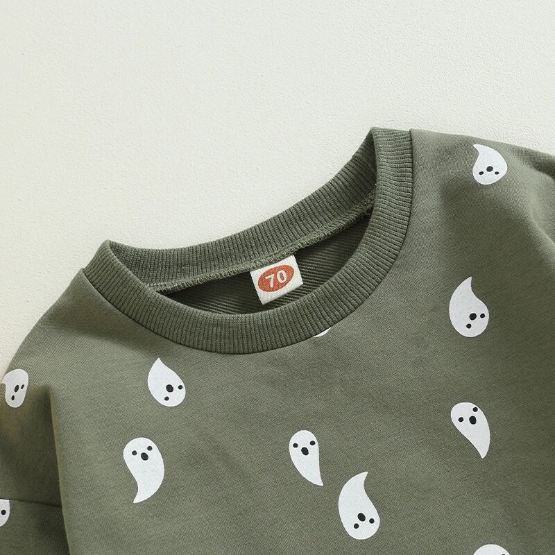 2023 m. rudens naujagimių mergaičių Helovino drabužiai Žali ilgomis rankovėmis Ghost Print Kasdieniai Crew Neck Šliaužtinukai Kombinezonai Žaidimų kostiumai