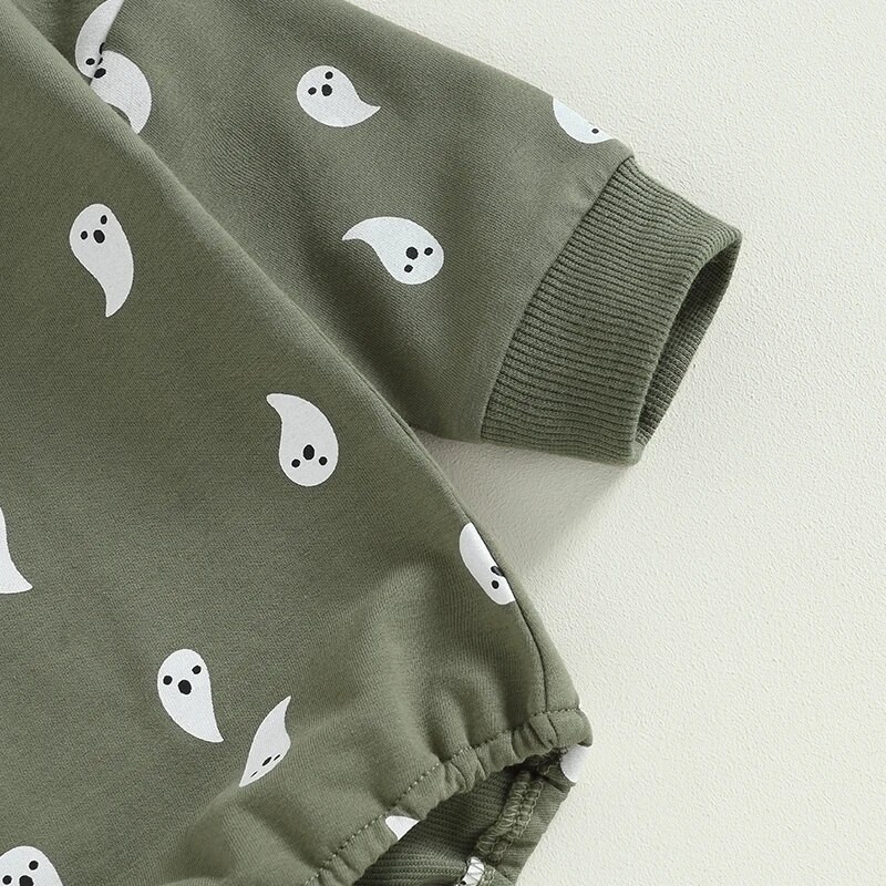 2023 m. rudens naujagimių mergaičių Helovino drabužiai Žali ilgomis rankovėmis Ghost Print Kasdieniai Crew Neck Šliaužtinukai Kombinezonai Žaidimų kostiumai