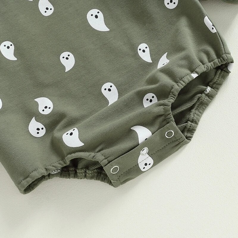 2023 m. rudens naujagimių mergaičių Helovino drabužiai Žali ilgomis rankovėmis Ghost Print Kasdieniai Crew Neck Šliaužtinukai Kombinezonai Žaidimų kostiumai
