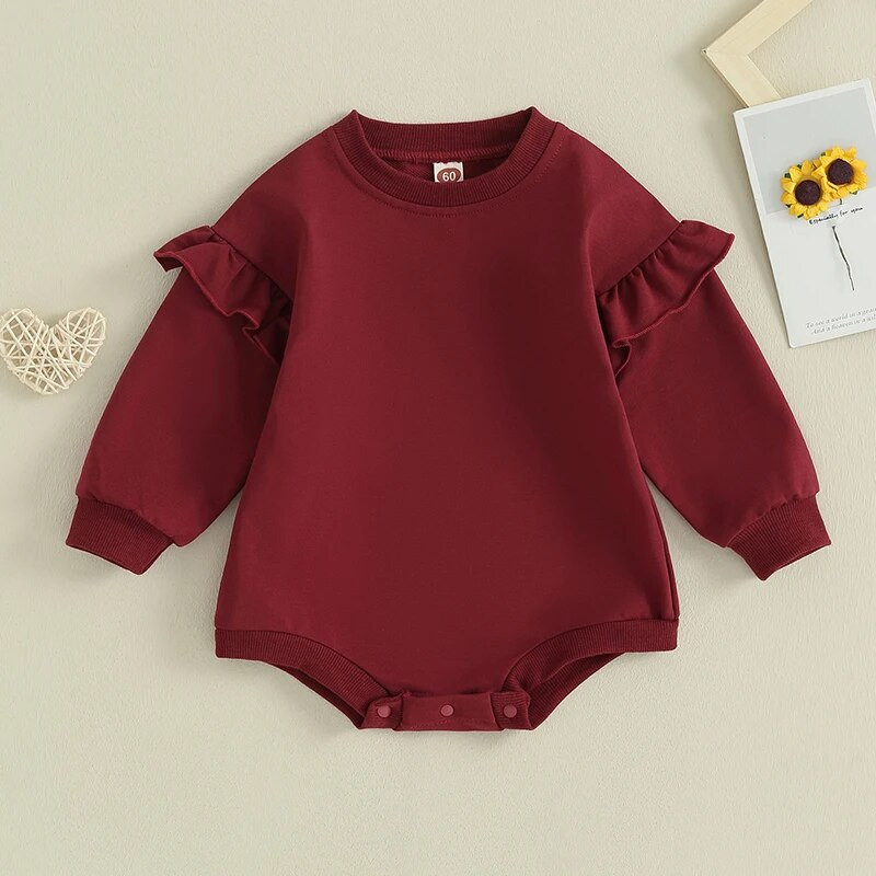 Prekrasne jesenske štrample za novorođenčad, djevojčice, jednobojne majice s volanima, dugih rukava, s O-izrezom, kombinezoni za igru, kombinezoni