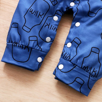 0-2 Years Baby Boys Button Blue Romper Прекрасни анимационни бутилки за мляко Гащеризон с дълги ръкави Малко бебе Пролетно есенно облекло