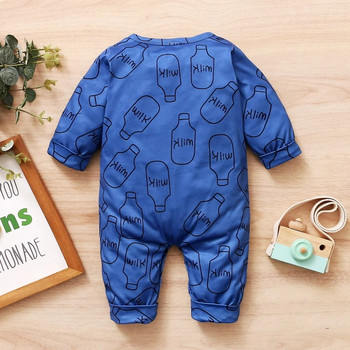 0-2 Years Baby Boys Button Blue Romper Прекрасни анимационни бутилки за мляко Гащеризон с дълги ръкави Малко бебе Пролетно есенно облекло