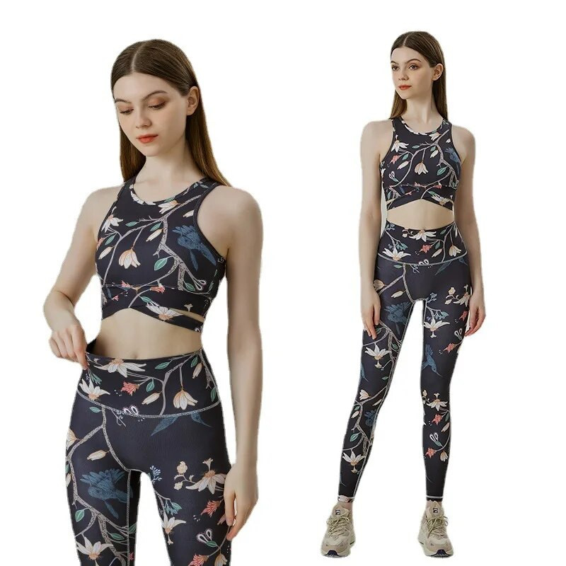 Xlwsbcr Női 2db jóga szett sportmelltartó + jóga nadrág női Print elasztikus edzőtermi jóga öltönyök Sport női aktív ruházat edzés ruha szett