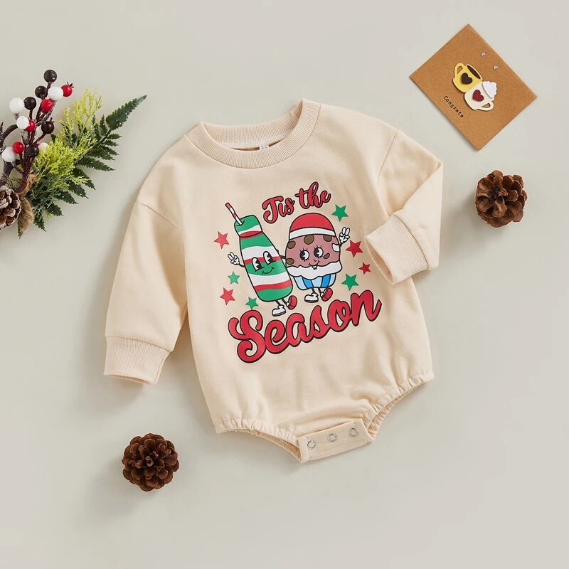 FOCUSNORM 0-18M Božićne kombinezone za djevojčice i dječake 4 stila, božićna pisma/crtići s printom jesenskih kombinezona dugih rukava