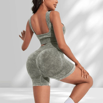 Zökkenőmentes jógakészlet tornaruhák rövidnadrággal Crop Top sportmelltartó Női rövidnadrág 2 részes készlet Futóedzés felszerelés Fitnesz ruházat