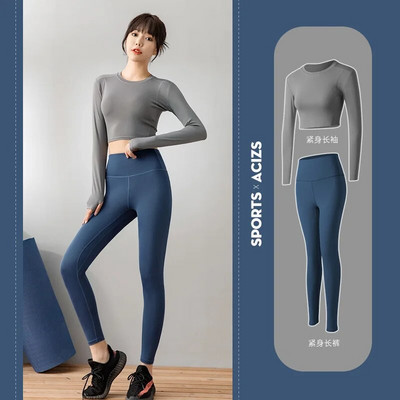Ženski komplet za jogu od 2 dijela, jesensko-zimsko sportsko odijelo, majica dugih rukava s O izrezom, visokog struka, uske fitness hlače za podizanje stražnjice