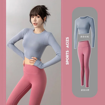 Ženski komplet za jogu od 2 dijela, jesensko-zimsko sportsko odijelo, majica dugih rukava s O izrezom, visokog struka, uske fitness hlače za podizanje stražnjice