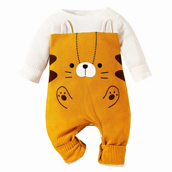 Есенно-зимни дрехи за новородени, бебешки, момичета, момчета, гащеризон без крака, вафлен анимационен тигър с принт с дълъг ръкав, есенен гащеризон за бебета