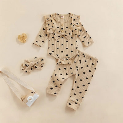 Gyerek baba lányok kötött ruha öltöny 3db szívmintás hosszú ujjú fodros nadrág + elasztikus deréknadrág + fejdísz