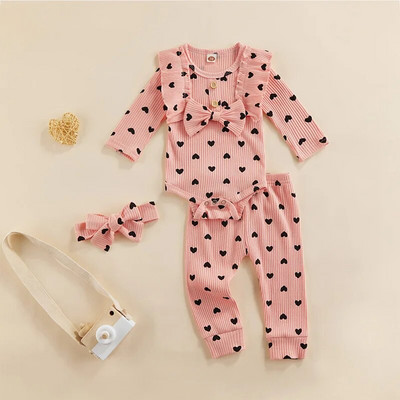 Gyerek baba lányok kötött ruha öltöny 3db szívmintás hosszú ujjú fodros nadrág + elasztikus deréknadrág + fejdísz