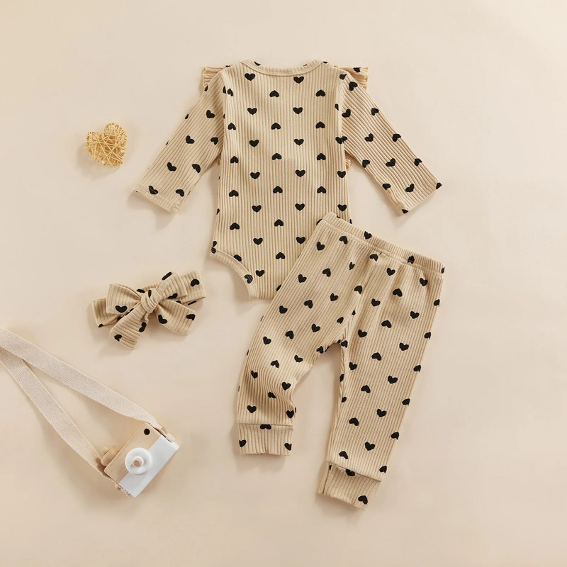 Gyerek baba lányok kötött ruha öltöny 3db szívmintás hosszú ujjú fodros nadrág + elasztikus deréknadrág + fejdísz