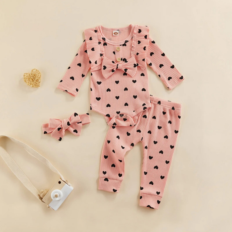 Gyerek baba lányok kötött ruha öltöny 3db szívmintás hosszú ujjú fodros nadrág + elasztikus deréknadrág + fejdísz