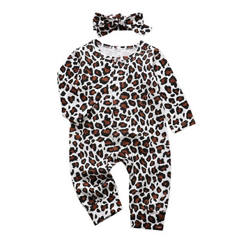 Пролет есен Комплект дрехи за новородено момиченце Моден леопардов гащеризон + лента за глава Бебешки гащеризон с дълъг ръкав 2 бр. Облекло за малко дете