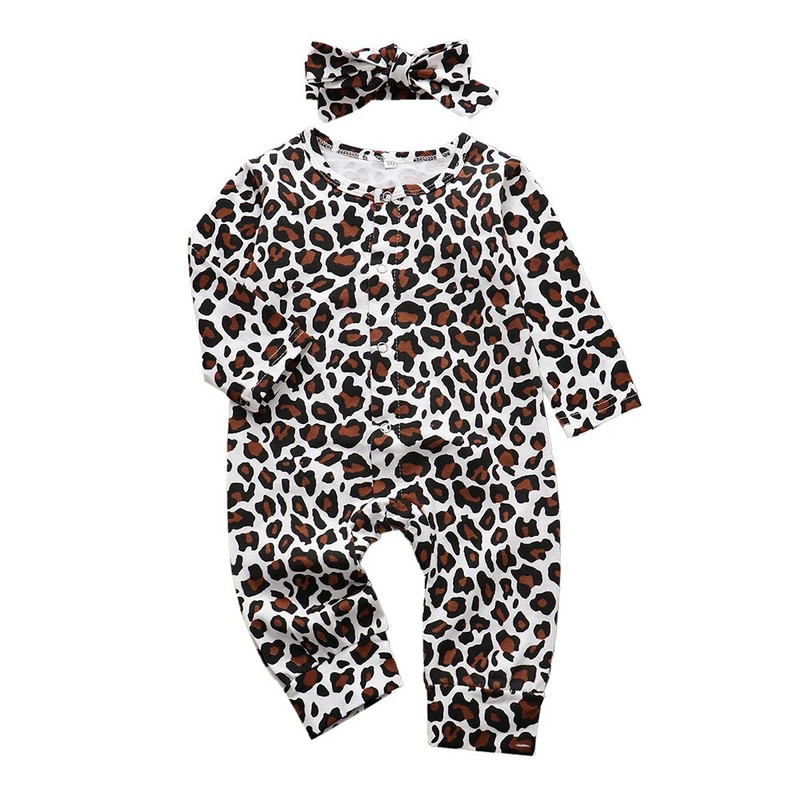 Kevad-sügis vastsündinu tüdrukute riidekomplekt Moodne Leopard Romper + peapael imiku pikkade varrukatega kombinesoon, 2 tk väikelaste riided