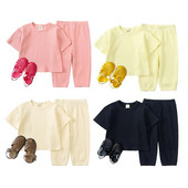 Bērnu apģērbi Zēniem, zēniem, īsām piedurknēm, topi + bikses Vasaras tērpi Solīdi meiteņu apģērbu komplekti zēniem mājās, valkājot bērnu pidžamas