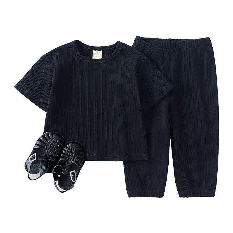 Bērnu apģērbi Zēniem, zēniem, īsām piedurknēm, topi + bikses Vasaras tērpi Solīdi meiteņu apģērbu komplekti zēniem mājās, valkājot bērnu pidžamas