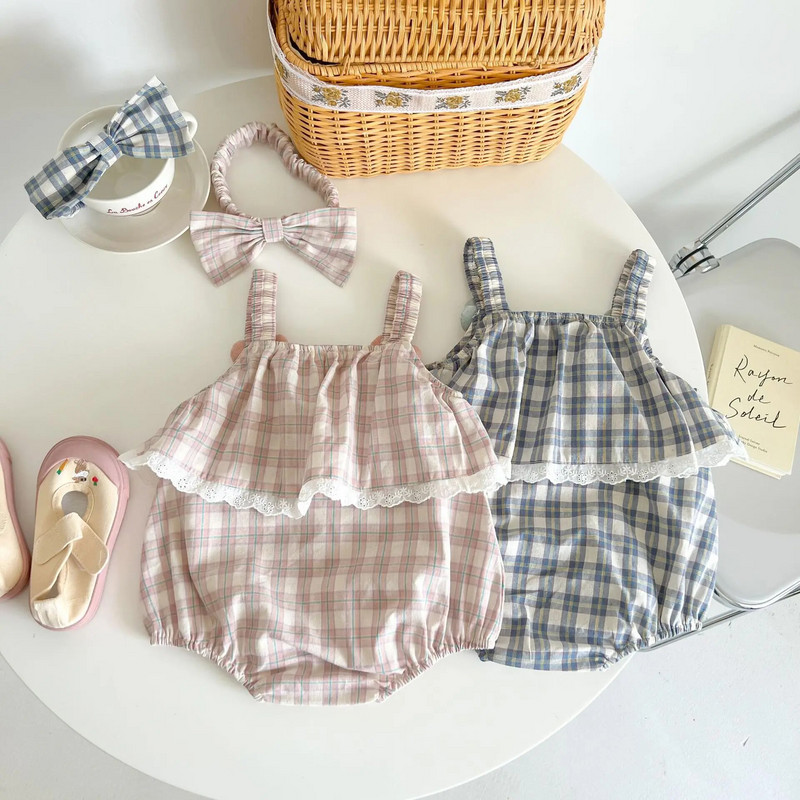 0-24M Odjeća za novorođenče za djevojčice Karirani pamučni kombinezon za djevojčice bez rukava Spuštena ramena Bodi slatke princeze