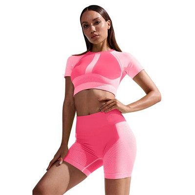 Bezšuvju jogas komplekts, 2022. gada pavasaris, sieviešu skriešanas sporta apģērbs, sporta apģērbs, apgriezts T-krekls+šorti, legingi Push Up fitnesa treniņu sporta tērps