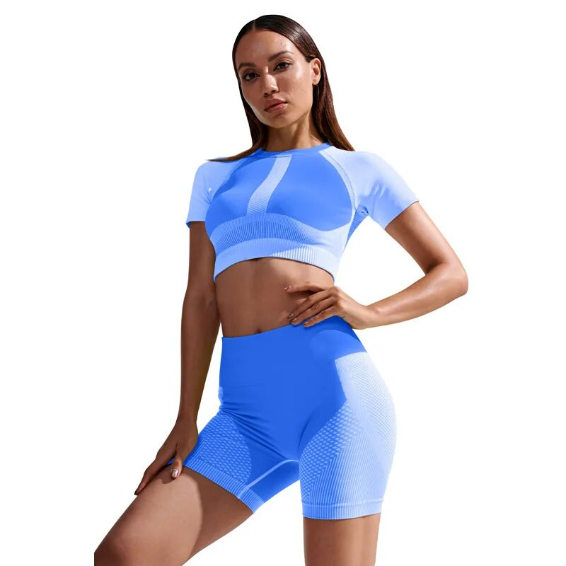 Bezšuvju jogas komplekts, 2022. gada pavasaris, sieviešu skriešanas sporta apģērbs, sporta apģērbs, apgriezts T-krekls+šorti, legingi Push Up fitnesa treniņu sporta tērps