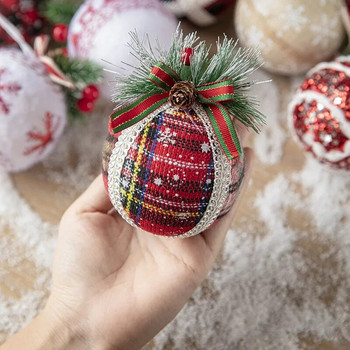 3PCS нова украса за коледна елха 8 см червени карирани рисувани топки Коледно парти Висяща топка Орнамент Висулка Нова година Navidad 2024