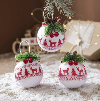 3PCS нова украса за коледна елха 8 см червени карирани рисувани топки Коледно парти Висяща топка Орнамент Висулка Нова година Navidad 2024