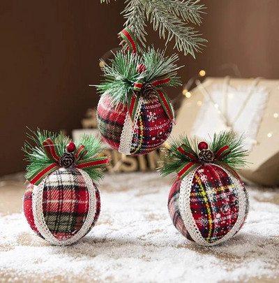 3PCS Novi ukrasi za božićno drvce 8 cm crvene karirane oslikane kuglice Božićna zabava Viseća kuglica Ukrasni privjesak Nova godina Navidad 2024.