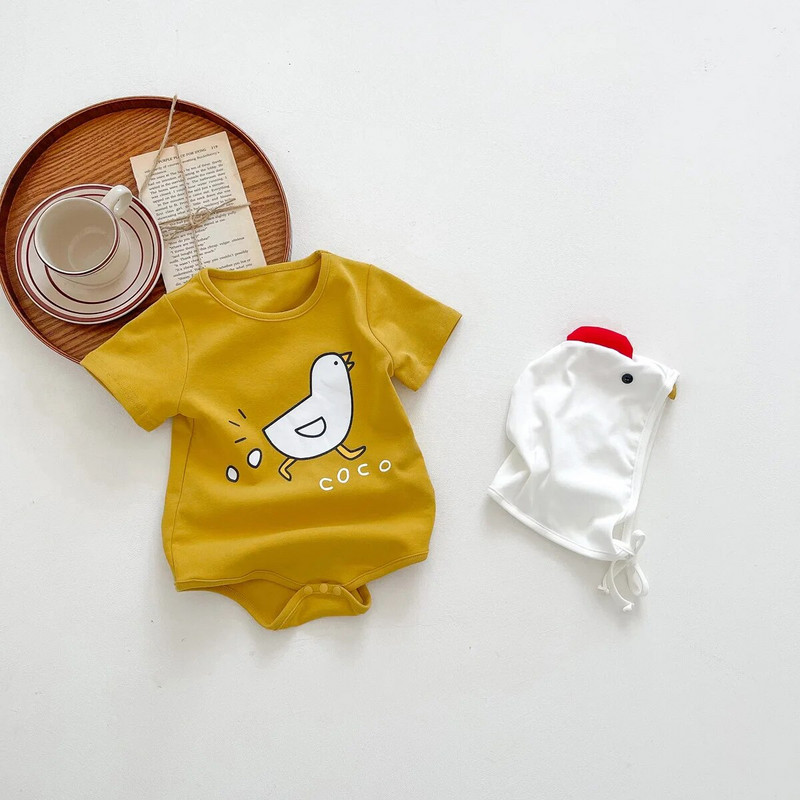 2023. GADA JAUNUMI Vasaras Zīdaiņu jaundzimušajam ar īsām piedurknēm multfilma Cālis dēj olas, apdrukas tērpi, bērni, mazuļi, meitenes, zēni, bodiji dāvanu cepure
