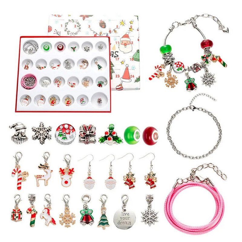 Ziemassvētku rokassprādzes Adventes kalendārs 6,73 * 9,05 collu rokassprādzes DIY rotaslietu izgatavošanas komplekts Dāvana Zelts + Sudraba plastmasa + sakausējums