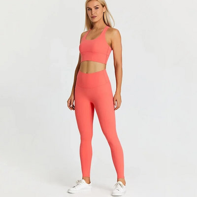 S logotipom Ženski komplet za jogu od 2 komada Elastične uske donje hlače za vježbanje u teretani Sportske tajice visokog struka Sportska odijela Kompleti za vježbanje