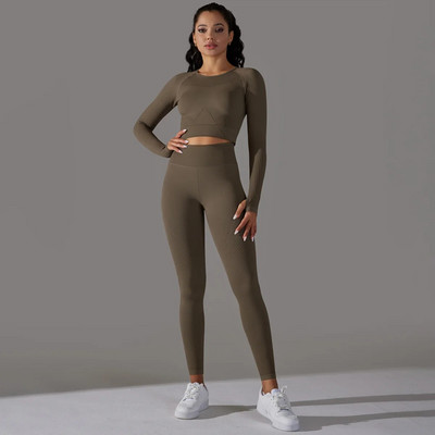 Jogas tērps ar garām piedurknēm fitnesam Bezšuvju sporta sporta zāles komplekts Sieviešu sporta apģērbs Push Up treniņu apģērbi sievietēm Treniņtērps zils 2023