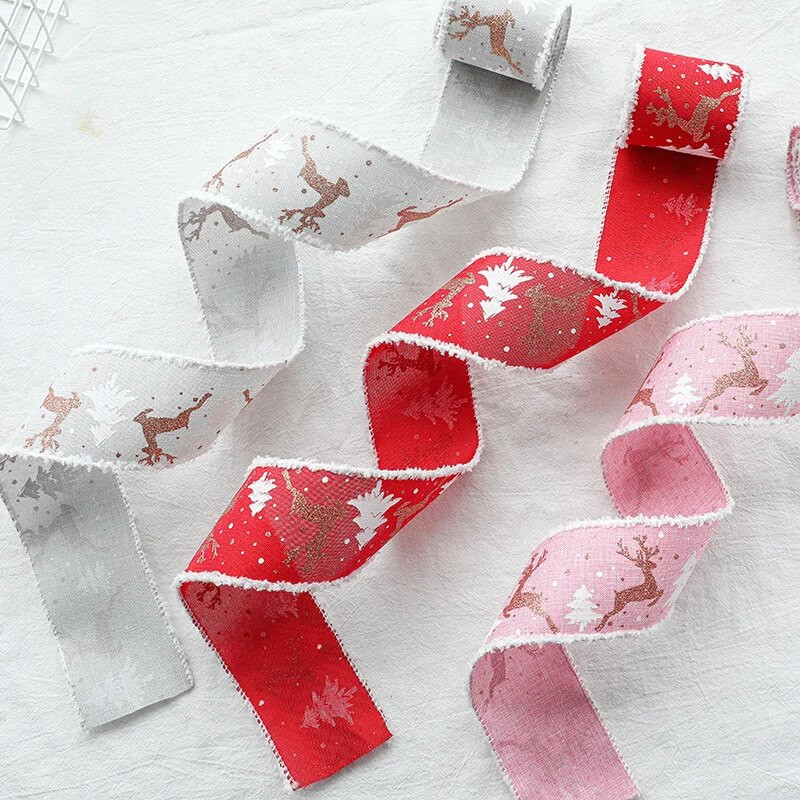 2 m/tekercs karácsonyi szalagok szövet jávorszarvas karácsonyfa nyomat vezetékes éllel DIY karácsonyi ajándékcsomagoló szalag koszorú masni díszítéssel