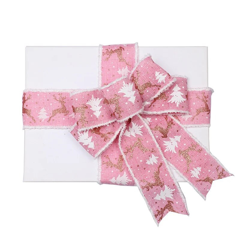 2 m/tekercs karácsonyi szalagok szövet jávorszarvas karácsonyfa nyomat vezetékes éllel DIY karácsonyi ajándékcsomagoló szalag koszorú masni díszítéssel