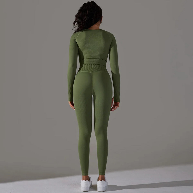 Odijelo za jogu dugih rukava za fitness Zimski sport Komplet za teretanu Ženska sportska odjeća Push Up Odjeća za vježbanje za žene Trenirka Vojno zelena