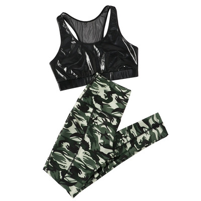 Ljetni ženski komplet odjeće za jogu s printom, bez rukava, s okruglim izrezom i mrežastim trkačkim leđima, bez podstavljenog gornjeg dijela i sportskih tajica