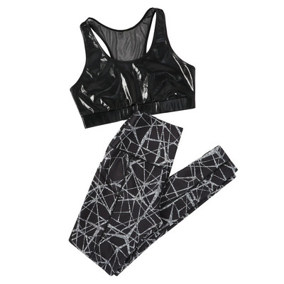 Ljetni ženski komplet odjeće za jogu s printom, bez rukava, s okruglim izrezom i mrežastim trkačkim leđima, bez podstavljenog gornjeg dijela i sportskih tajica