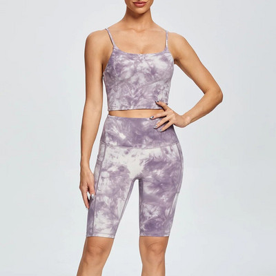 NCLAGEN joogakomplekt Sportlikud säärised ja pealistrükiga lipsuga värvitud naiste spordirõivad jõusaalirinnahoidja lühike elastne treeningriided fitnessiülikond