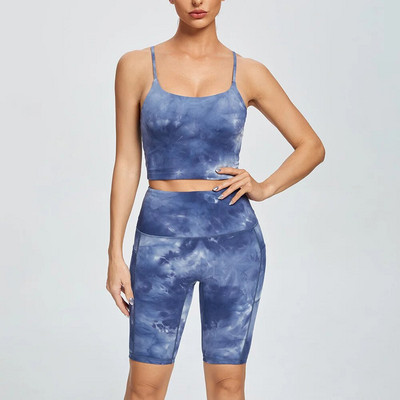 NCLAGEN joogakomplekt Sportlikud säärised ja pealistrükiga lipsuga värvitud naiste spordirõivad jõusaalirinnahoidja lühike elastne treeningriided fitnessiülikond