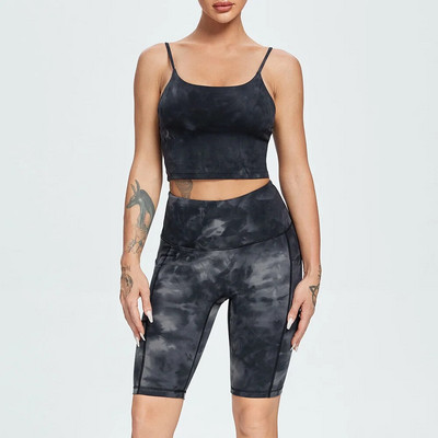 NCLAGEN joogakomplekt Sportlikud säärised ja pealistrükiga lipsuga värvitud naiste spordirõivad jõusaalirinnahoidja lühike elastne treeningriided fitnessiülikond